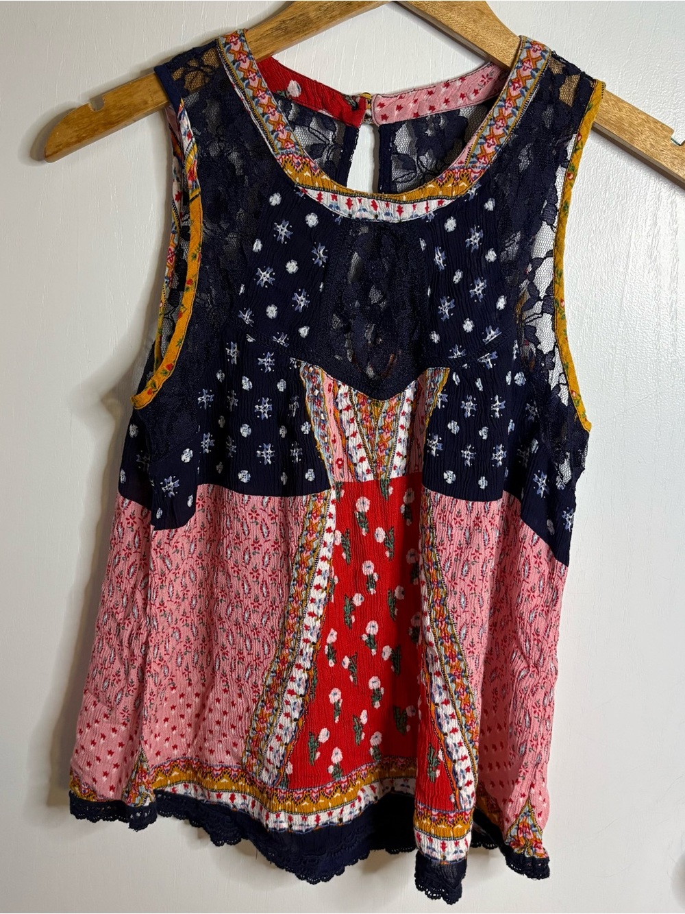 Eclipse Sz S Multicolor Floral Lace Yoke Sleeveless Rayon Blouse Patchwork Boho